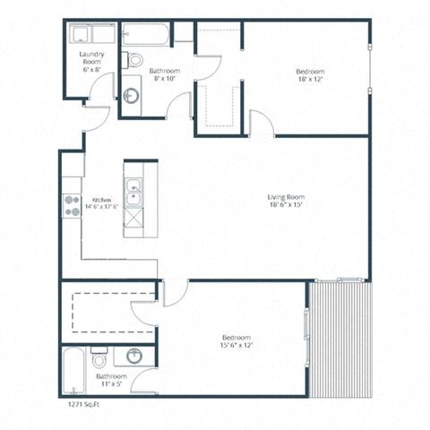 Floor plan for 2 beds, 2 baths, 1271 sqft