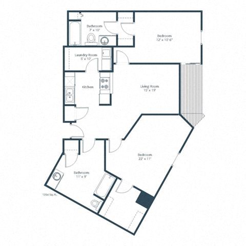 Floor plan for 2 beds, 2 baths, 1354 sqft