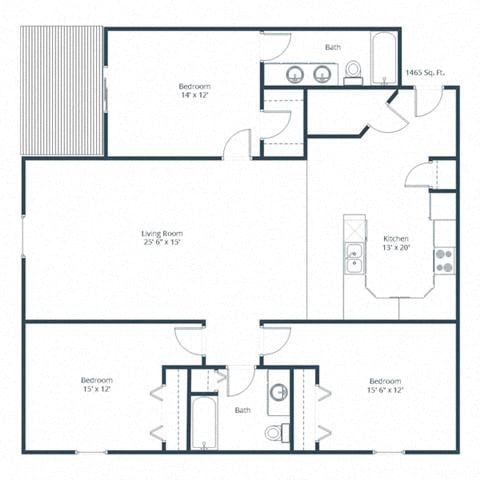 Floor plan for 2 beds, 2 baths, 1465 sqft