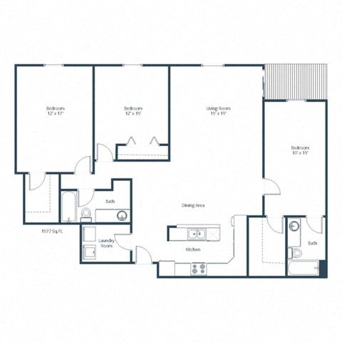 Floor plan for 3 beds, 2 baths, 1577 sqft