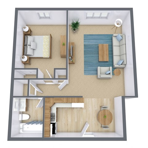 Floor plan for 1 bed, 1 bath, 627 sqft