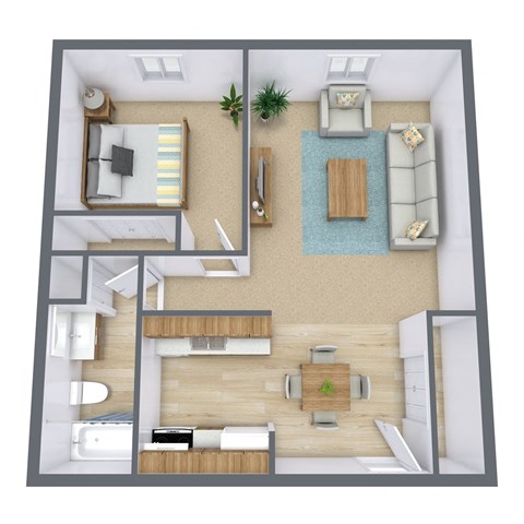 Floor plan for 1 bed, 1 bath, 600 sqft