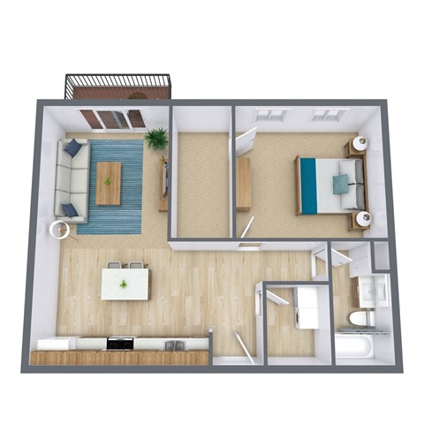 Floor plan for 1 bed, 1 bath, 600 sqft