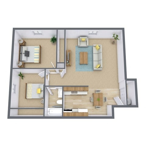 Floor plan for 2 beds, 1 bath, 934 sqft