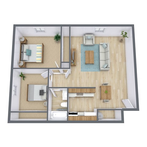 Floor plan for 2 beds, 1 bath, 934 sqft