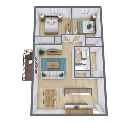 Floor plan for 2 beds, 1 bath, 781 sqft