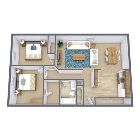 Floor plan for 2 beds, 1 bath, 900 sqft