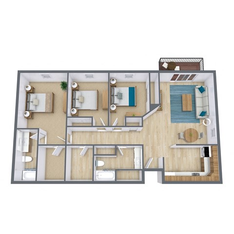 Floor plan for 3 beds, 2 baths, 1200 sqft