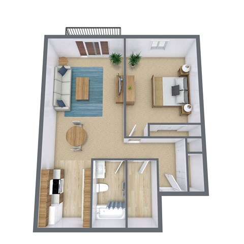 Floor plan for 1 bed, 1 bath, 752 sqft