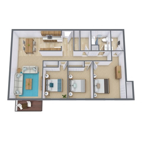 Floor plan for 3 beds, 2 baths, 1025 sqft