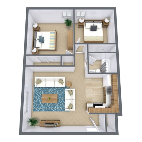 Floor plan for 2 beds, 1 bath, 750 sqft