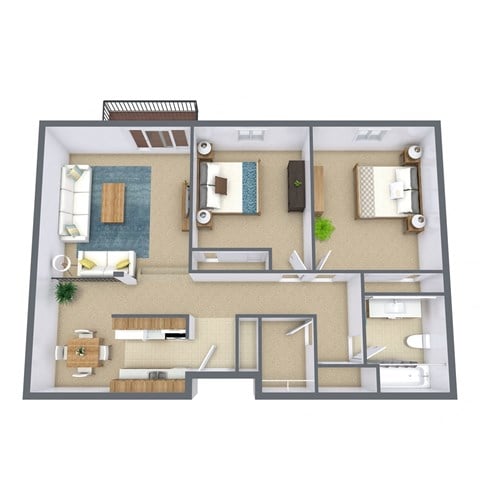 Floor plan for 2 beds, 1 bath, 1000 sqft