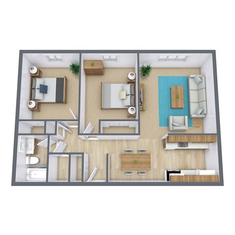 Floor plan for 2 beds, 1 bath, 799 sqft