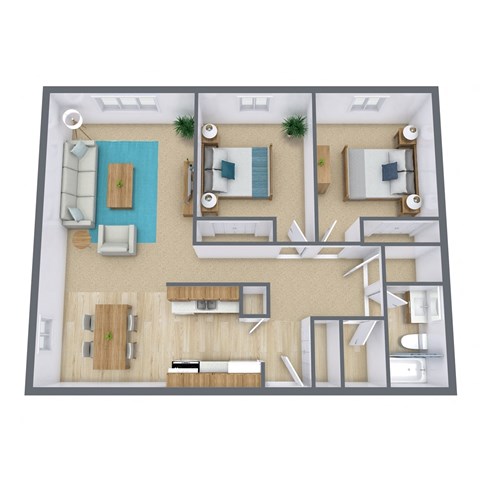 Floor plan for 2 beds, 1 bath, 870 sqft