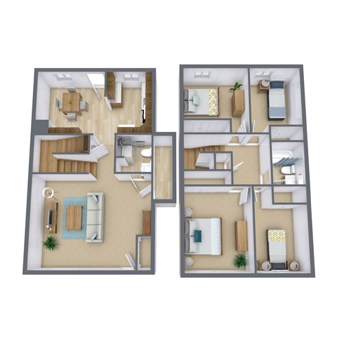 Floor plan for 4 beds, 2 baths, 1200 sqft