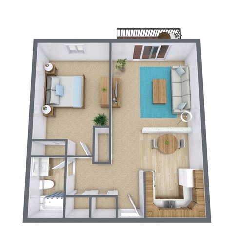 Floor plan for 1 bed, 1 bath, 648 sqft