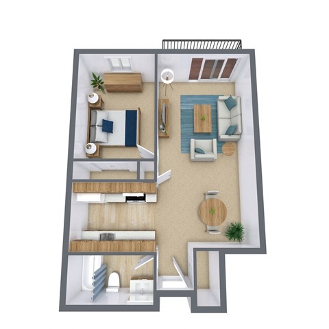 Floor plan for 1 bed, 1 bath, 609 sqft
