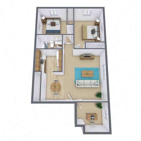 Floor plan for 2 beds, 1 bath, 875 sqft