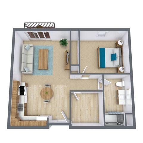 Floor plan for 1 bed, 0.8 baths, 744 sqft