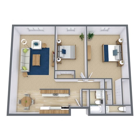 Floor plan for 2 beds, 1.5 baths, 980 sqft