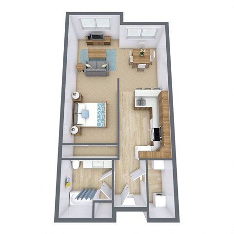 Floor plan for studio, 1 bath, 641 sqft