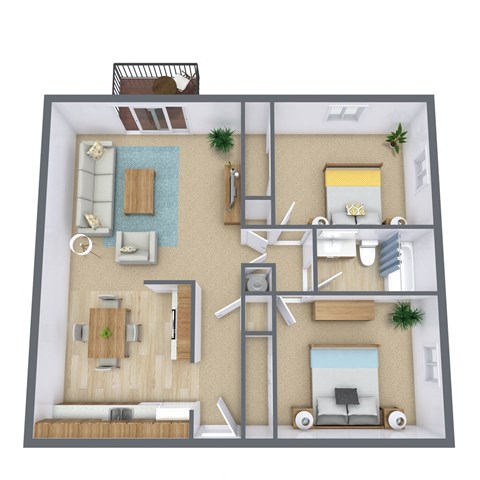 Floor plan for 2 beds, 1 bath, 832 sqft