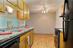 Fargo apartment for rent - a kitchen with wooden cabinets and a sink and a refrigerator. Fargo, ND Westcourt Apartments