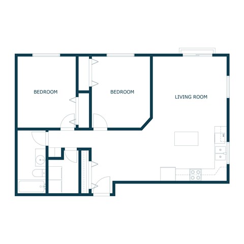 Floor plan for 2 beds, 1 bath, 868 sqft