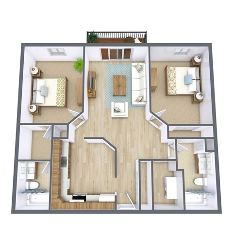 Floor plan for 2 beds, 2 baths, 1041 sqft