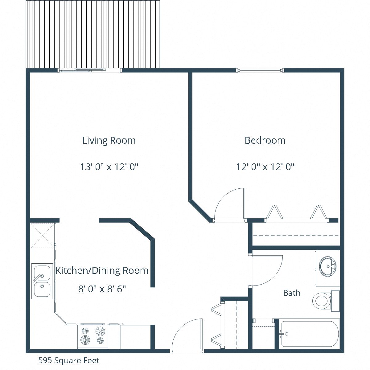 Floor plan for 1 bed, 1 bath, 595 sqft