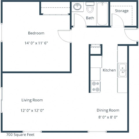 Floor plan for 1 bed, 1 bath, 700 sqft