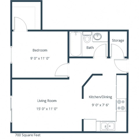 Floor plan for 1 bed, 1 bath, 700 sqft