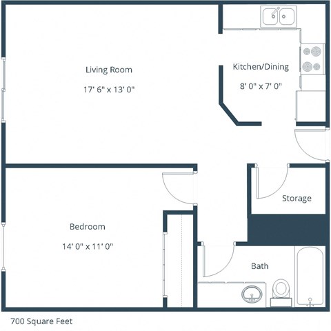 Floor plan for 1 bed, 1 bath, 700 sqft