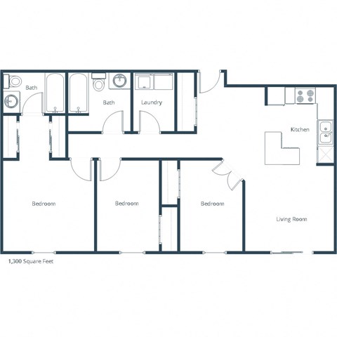 Floor plan for 3 beds, 2 baths, 1300 sqft