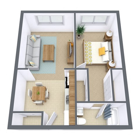 Floor plan for 1 bed, 1 bath, 675 sqft