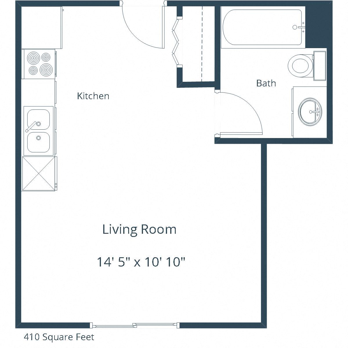 Floor plan for studio, 1 bath, 410 sqft