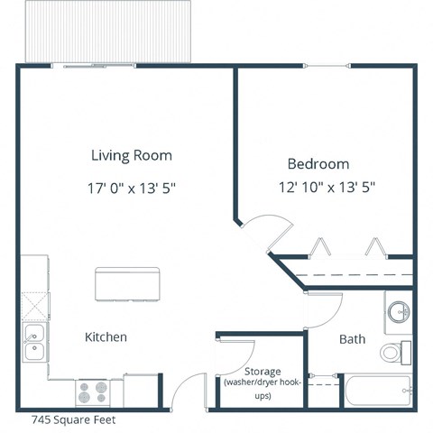 Floor plan for 1 bed, 1 bath, 745 sqft