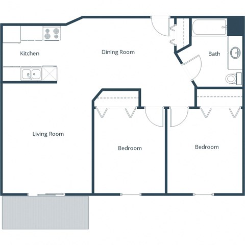 Floor plan for 2 beds, 1 bath, 901 sqft
