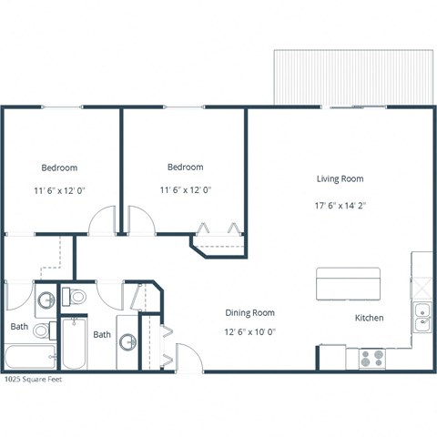 Floor plan for 2 beds, 2 baths, 1025 sqft
