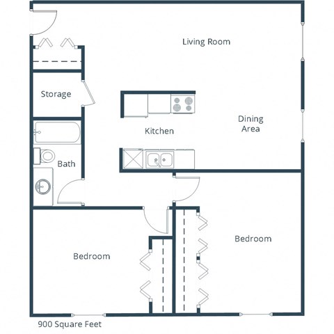 Floor plan for 2 beds, 1 bath, 900 sqft