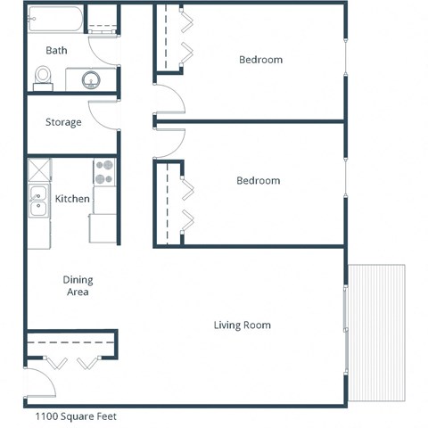 Floor plan for 2 beds, 1 bath, 1100 sqft