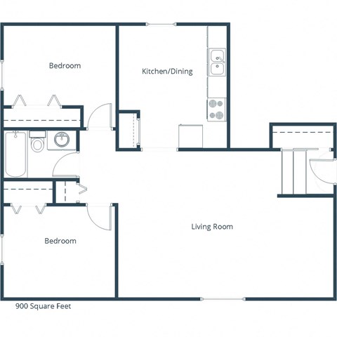 Floor plan for 2 beds, 1 bath, 900 sqft