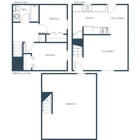 Floor plan for 2 beds, 1 bath, 900 sqft
