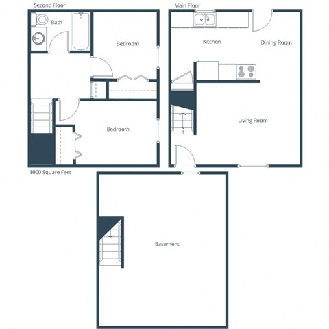 Floor plan for 2 beds, 1 bath, 900 sqft