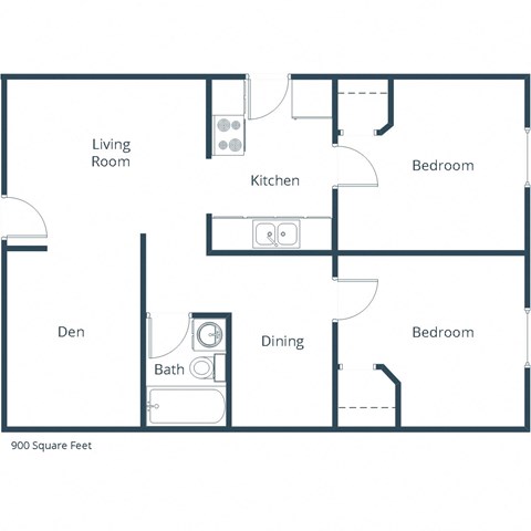 Floor plan for 2 beds, 1 bath, 1000 sqft