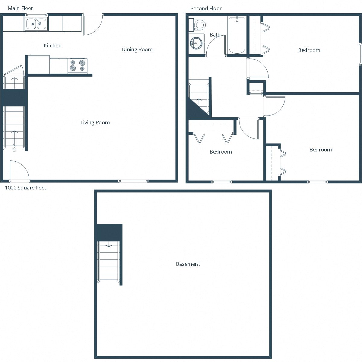 Floor plan for 3 beds, 1 bath, 1000 sqft