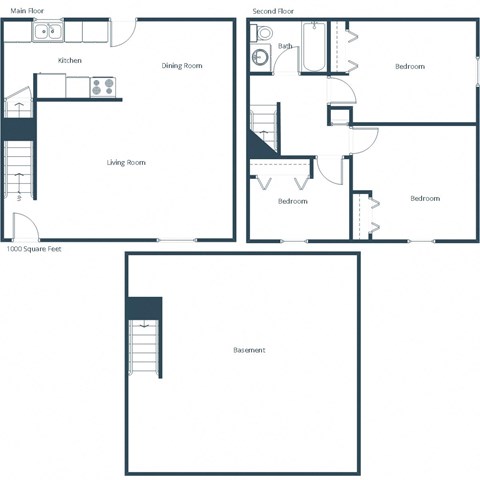 Floor plan for 3 beds, 1 bath, 1000 sqft