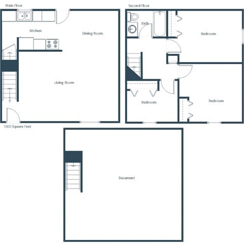 Floor plan for 3 beds, 1 bath, 1000 sqft
