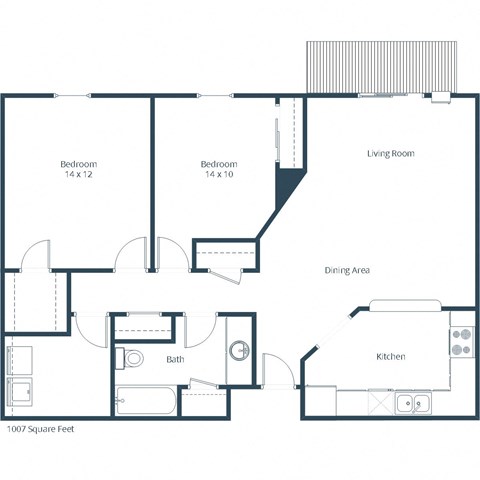 Floor plan for 2 beds, 1 bath, 1007 sqft