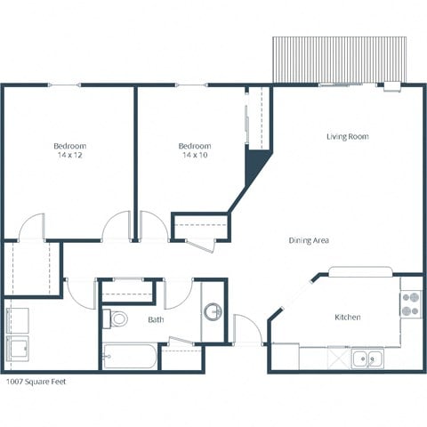 Floor plan for 2 beds, 1 bath, 1007 sqft